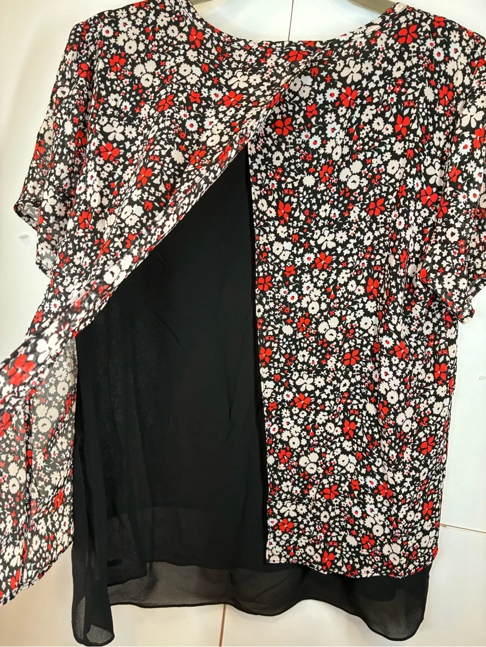 Michael Kors Floral Layered Chiffon Blouse Black Red White Petite Medium NWT